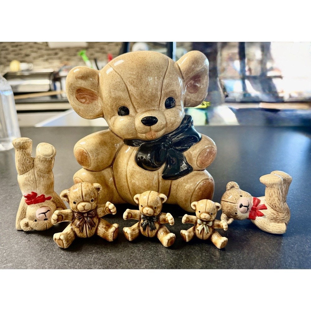 Ceramic Teddy Bear Piggy w/5 Matching Teddy Bear Figurines Vintage 6 Pcs